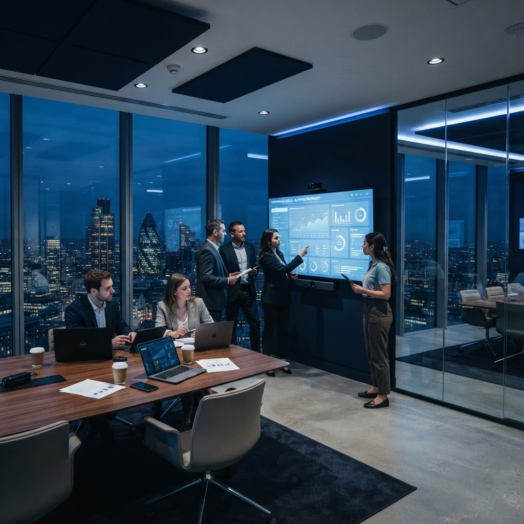 Technology consultants collaborating in a modern office