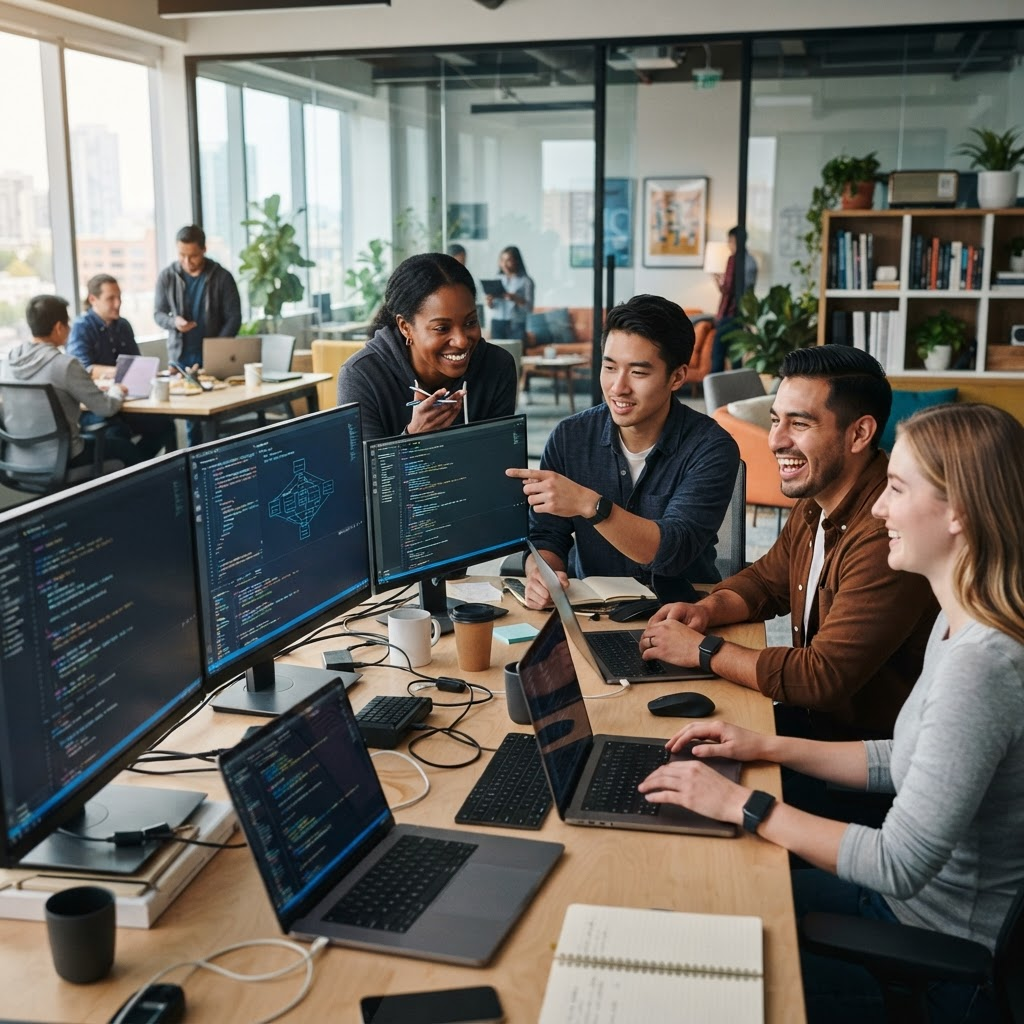 IT specialists collaborating in a modern office